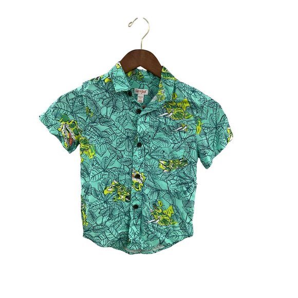 Cat & Jack XS (4/5) Boys Green Tropical Print Button-Up Shirt With Dinosaur Desi - Picture 1 of 4